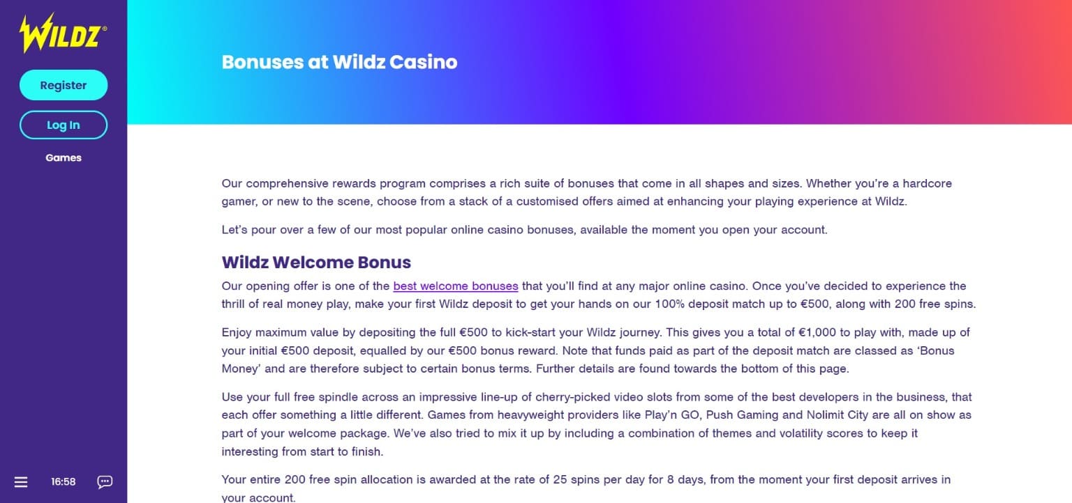 Bonuses Wildz Casino