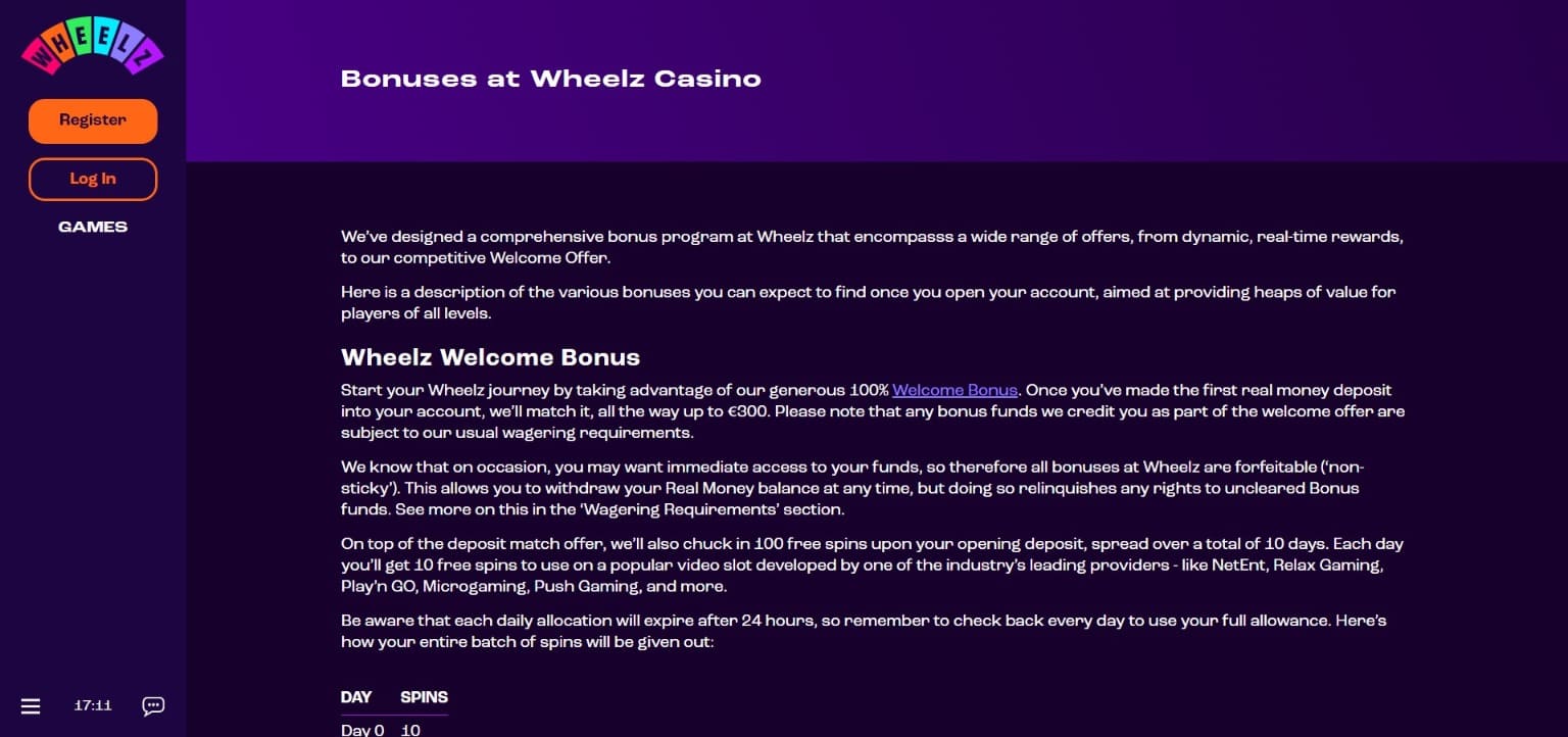 Bonuses Wheelz Casino